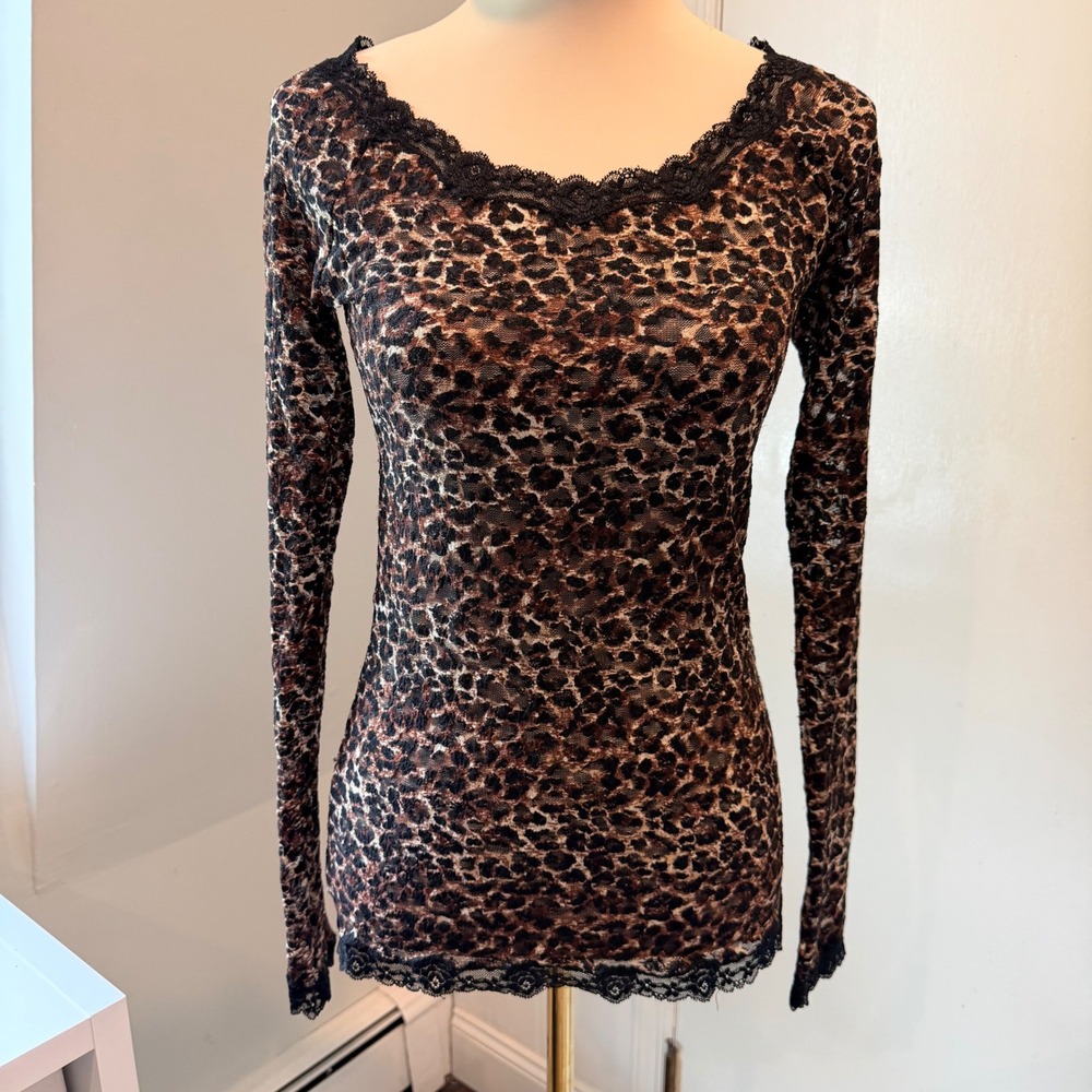 Moda International Brown Leopard Print Sheer Lace Trim Top Long Sleeve Mesh | S